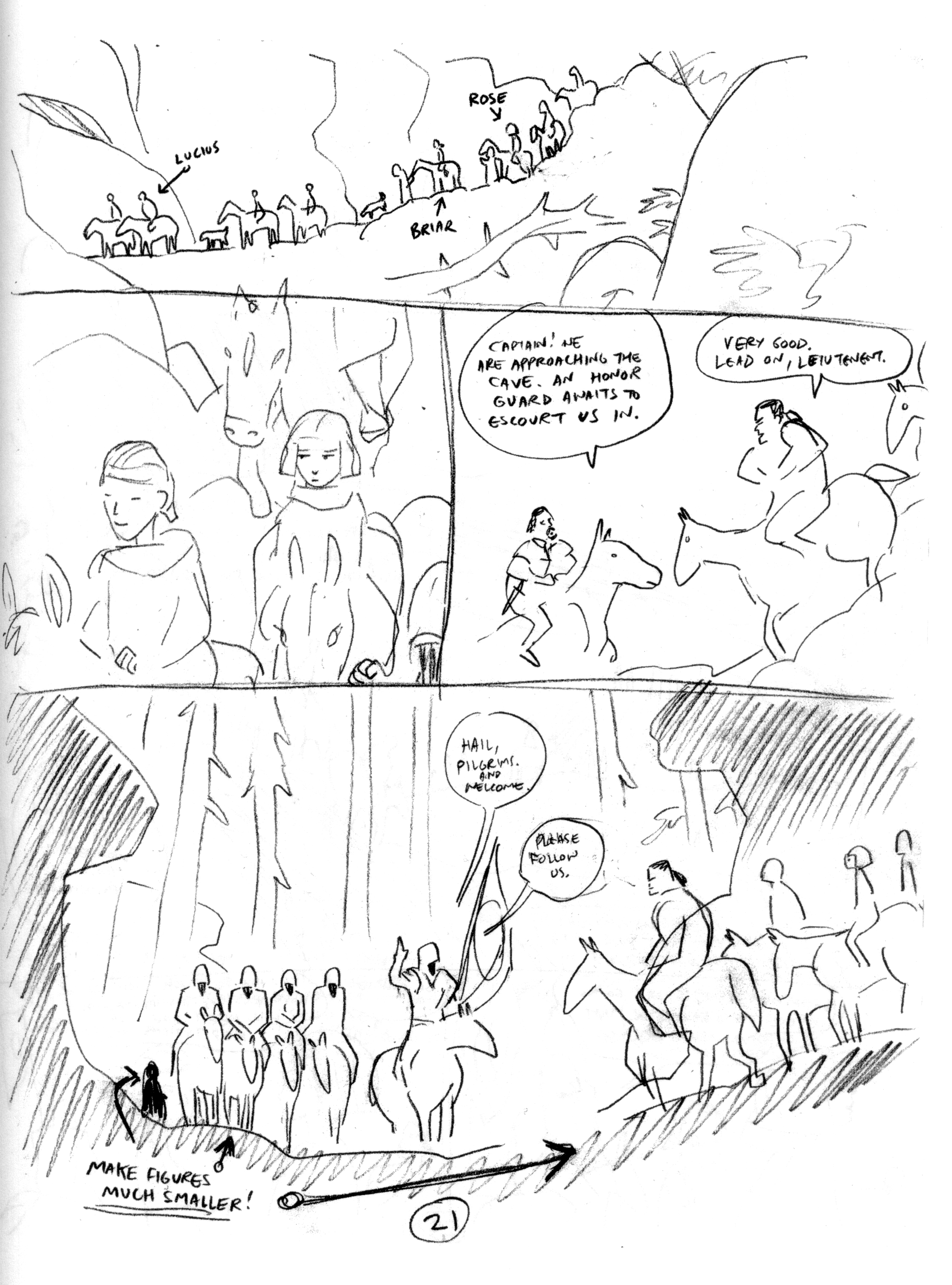 Roteiro desenhado da página 21 de Rose, por Jeff Smith