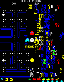 A tela dividida da fase 256 de Pac-Man.